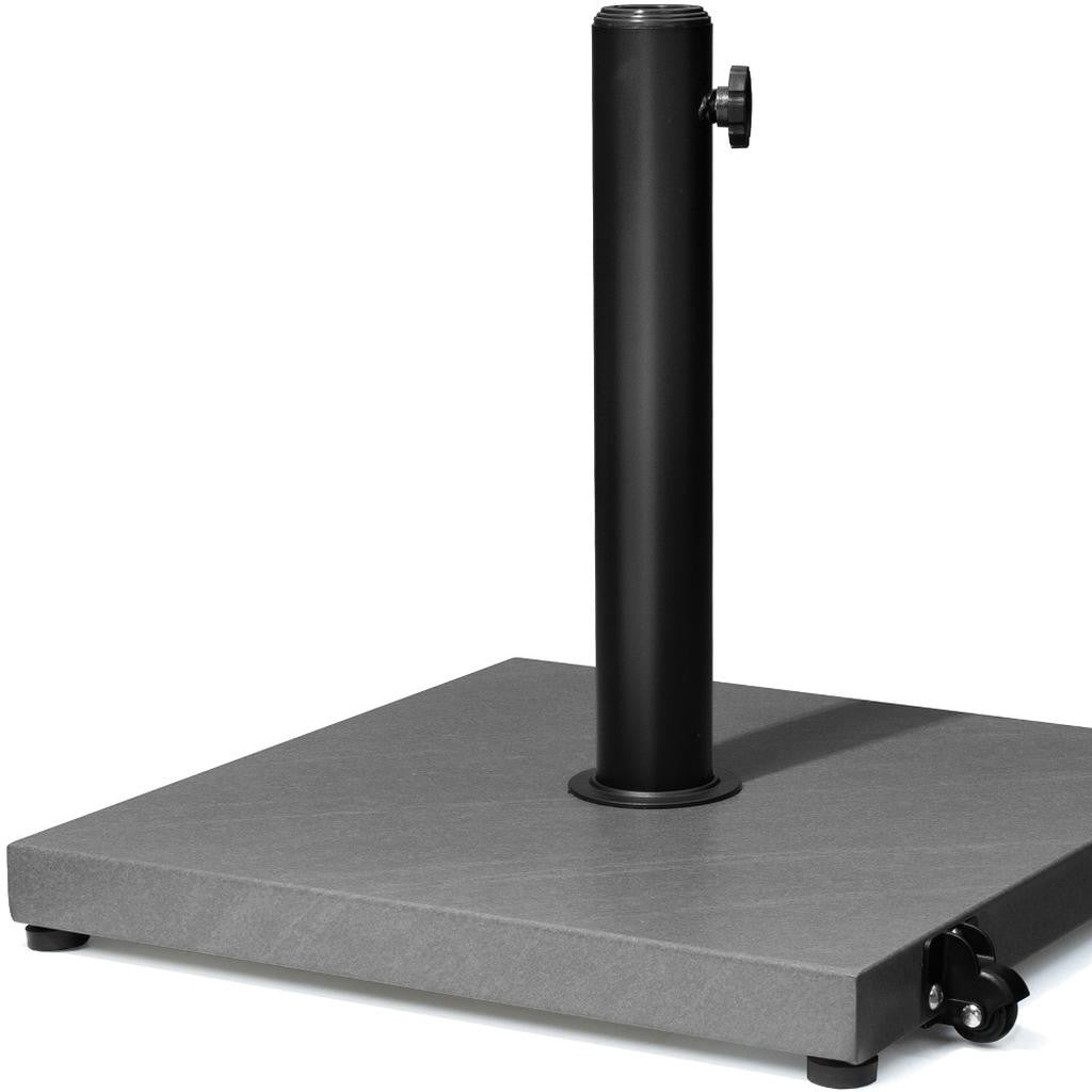 Black umbrella pole with gray square base and caster wheels