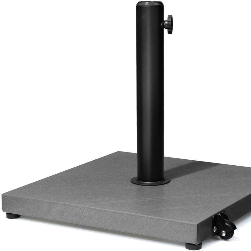 Black umbrella pole with gray square base and caster wheels