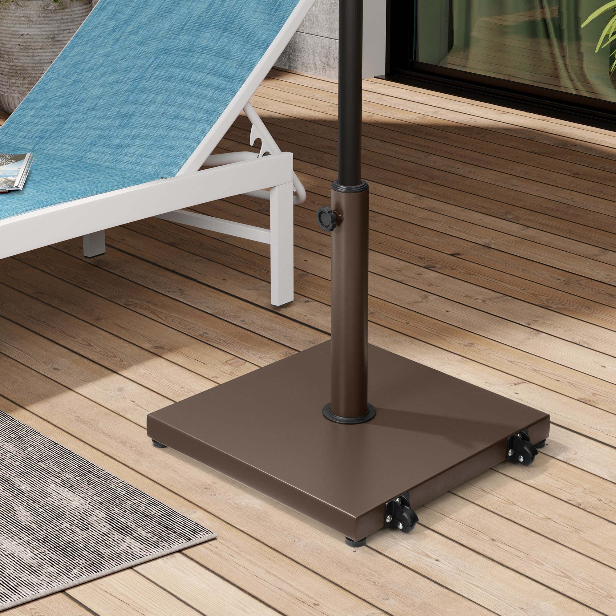 Brown umbrella base with central pole on four wheels for patio deck