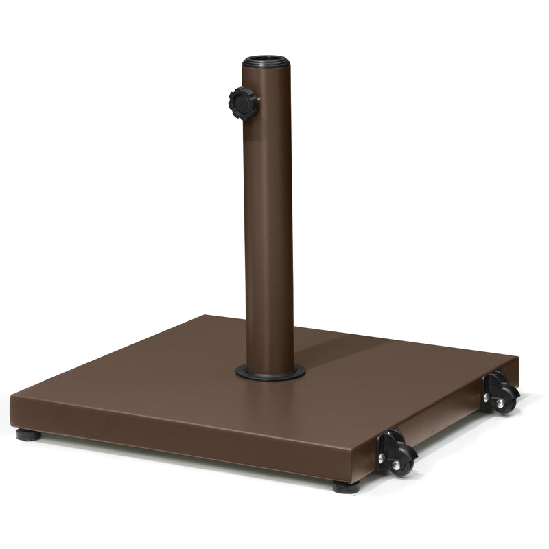 Brown umbrella base with central pole, side adjustment knob, and four caster wheels