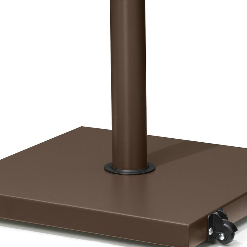 Brown umbrella base top with central pole and swivel adjustment knob, on wheels
