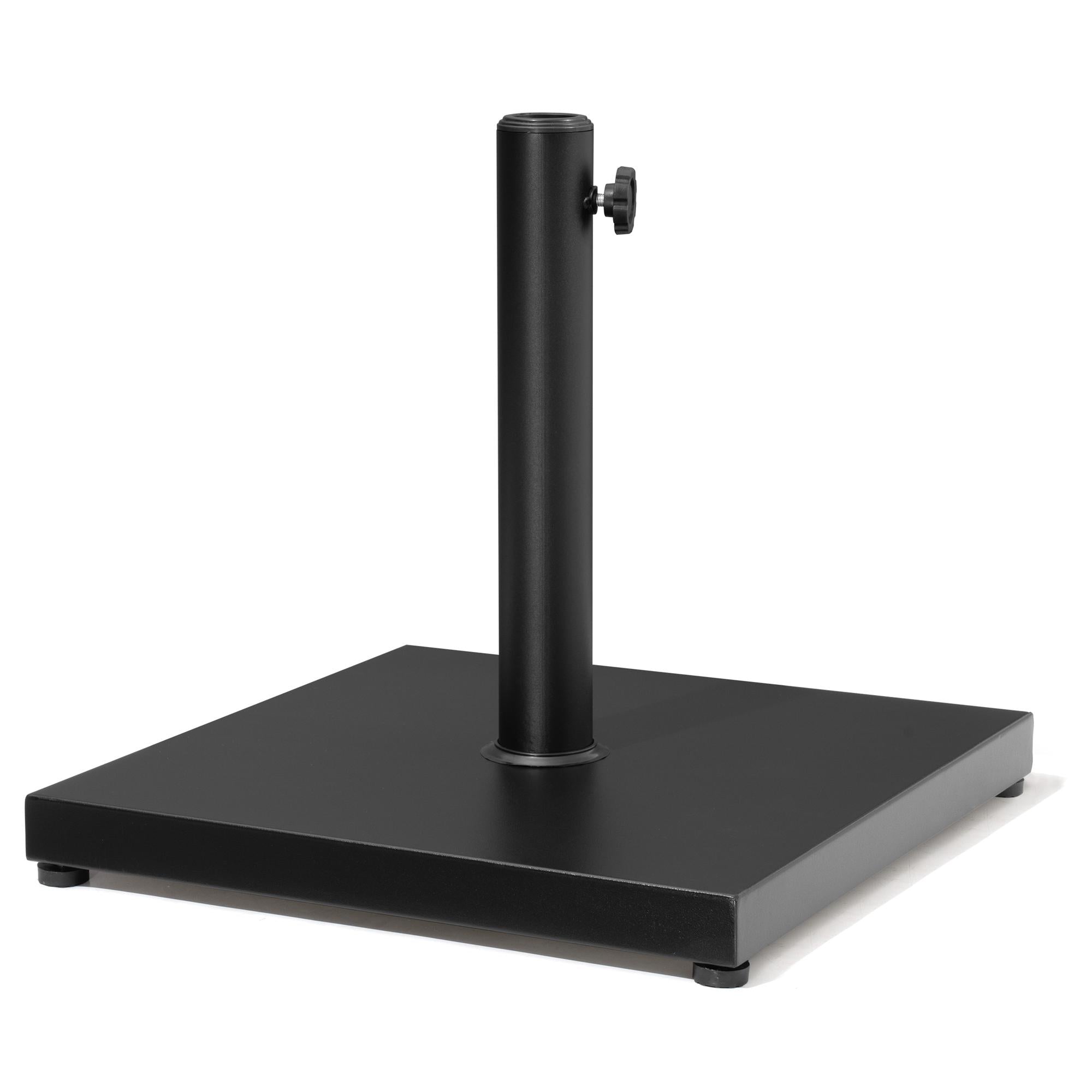 Black steel umbrella base with tall center pole, square plate, and adjustment knob