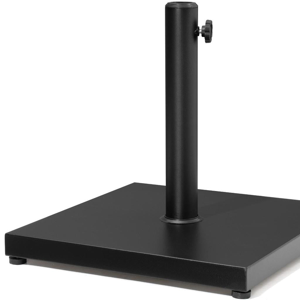 Black umbrella base with central pole and square weighted plate, adjustable side knob