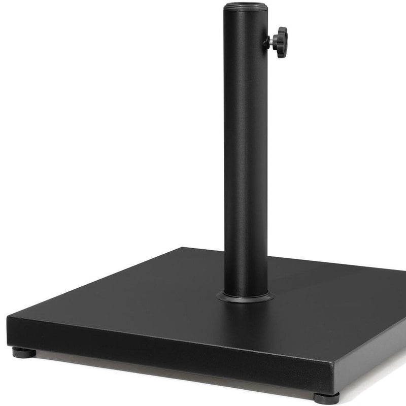 Black umbrella base with central pole and square weighted plate, adjustable side knob