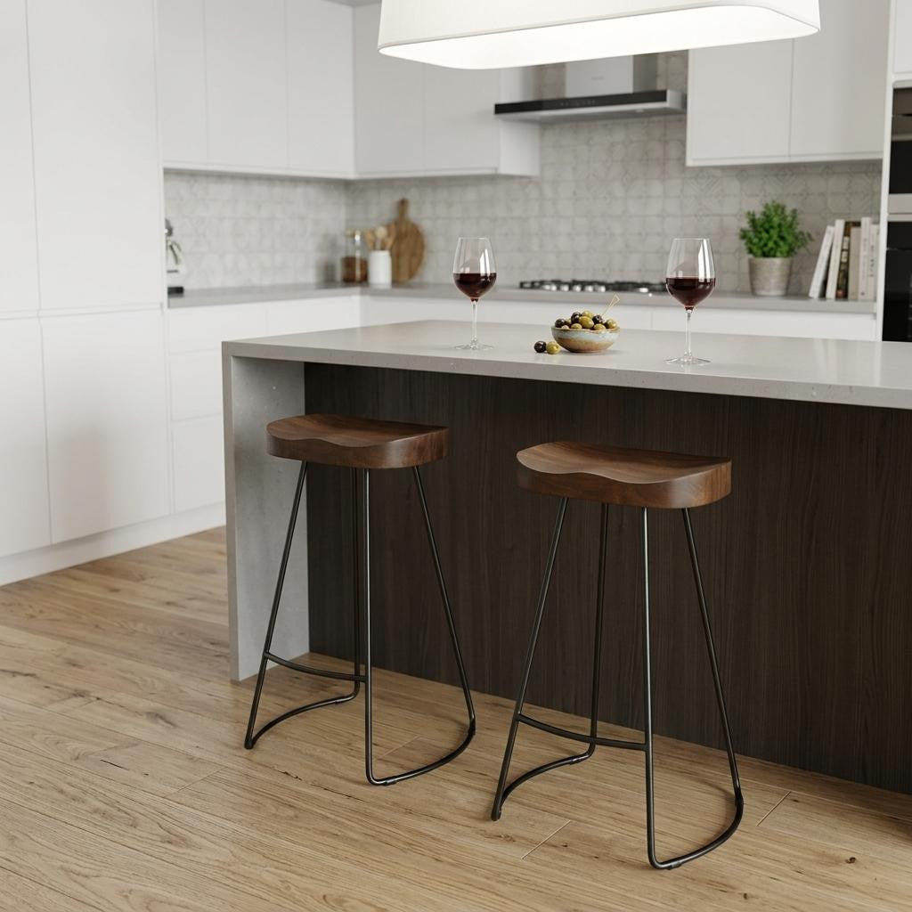 Set of Two 25" Chestnut And Black Solid Wood And Steel Backless Counter Height Bar Chairs - Living Room