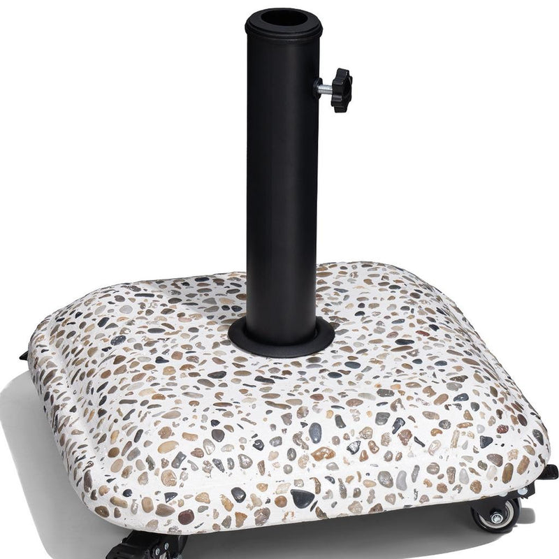 Umbrella base with tall black pole support and speckled wheeled base