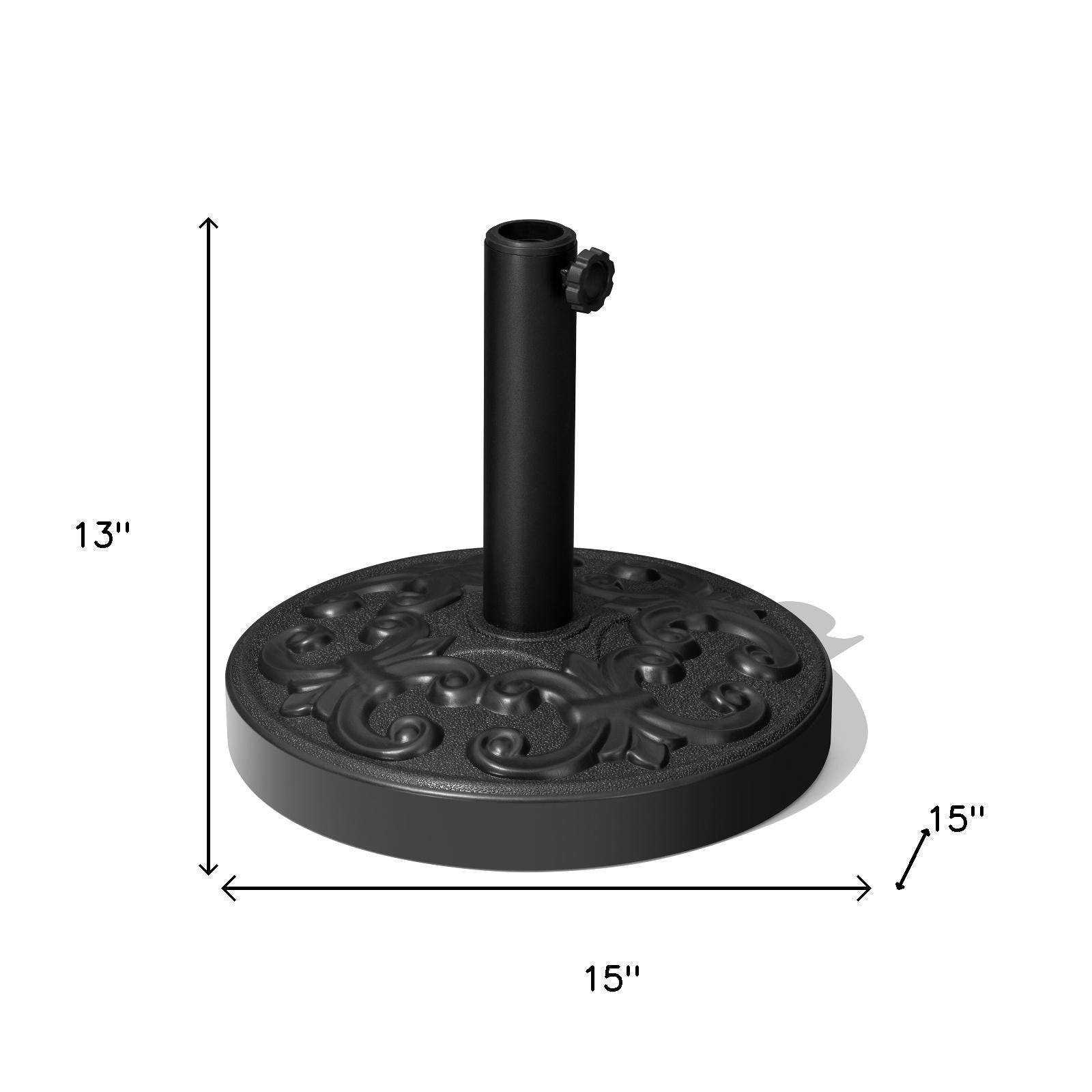 Umbrella base size diagram: 13 in tall, 15 in diameter, black steel.