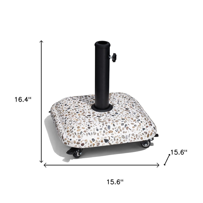 Speckled umbrella base with black pole and wheels with height dimensions