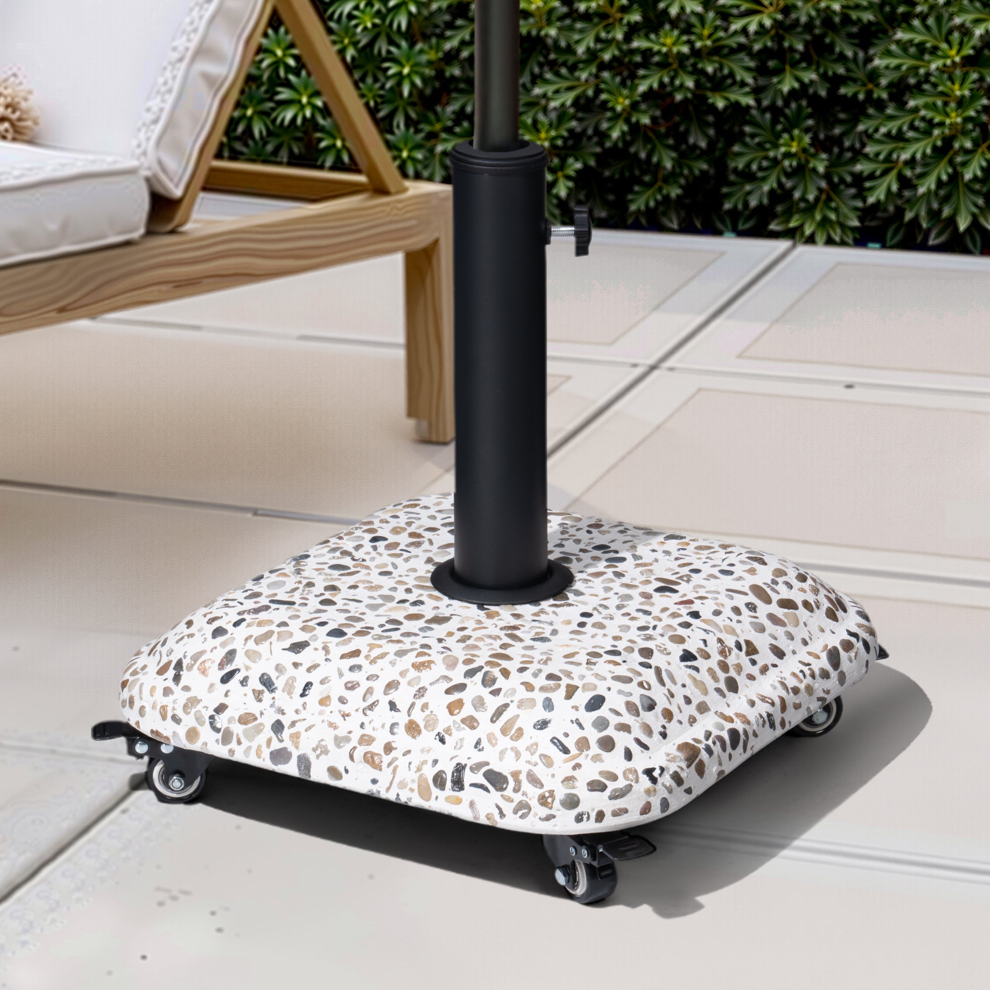 Speckled umbrella base with black pole and four rolling wheels