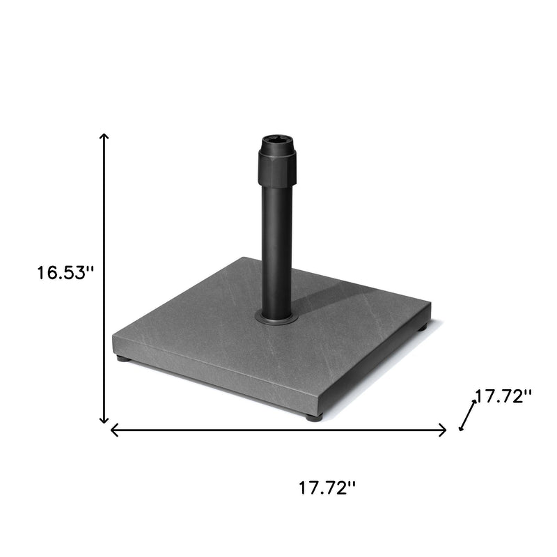 Gray umbrella base with black steel pole; size labels show 17.72" x 17.72" x 16.53"