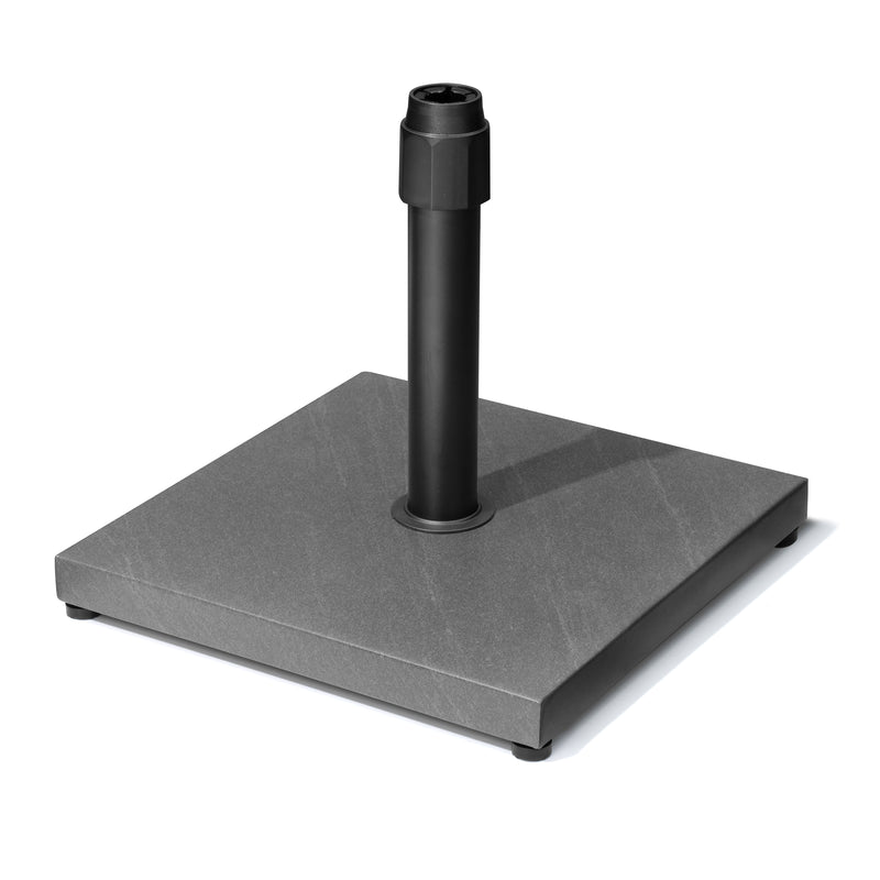 Gray square umbrella base with black steel pole and tapered top collar