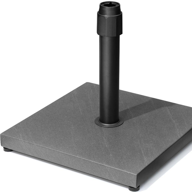 Gray square umbrella base with black steel pole insert and corner support feet