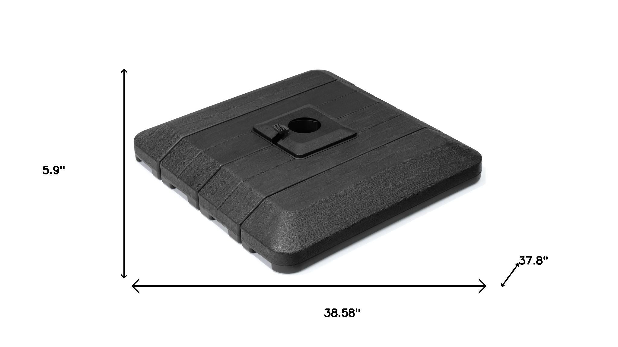 Black umbrella base dimensions shown: 38.58 in x 37.8 in x 5.9 in