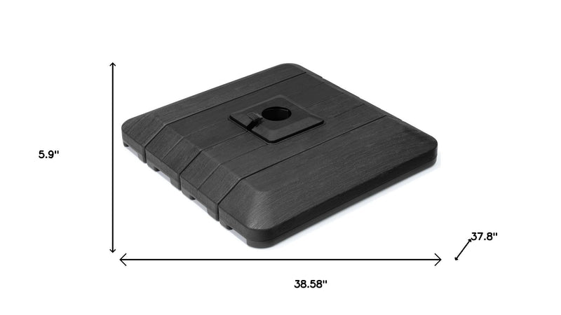 Black umbrella base dimensions shown: 38.58 in x 37.8 in x 5.9 in