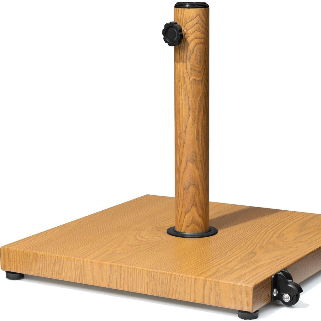 Light brown market umbrella base with in-ground pole and four rolling wheels