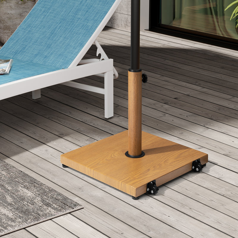 Light brown square umbrella base with rolling wheels and in-ground pole