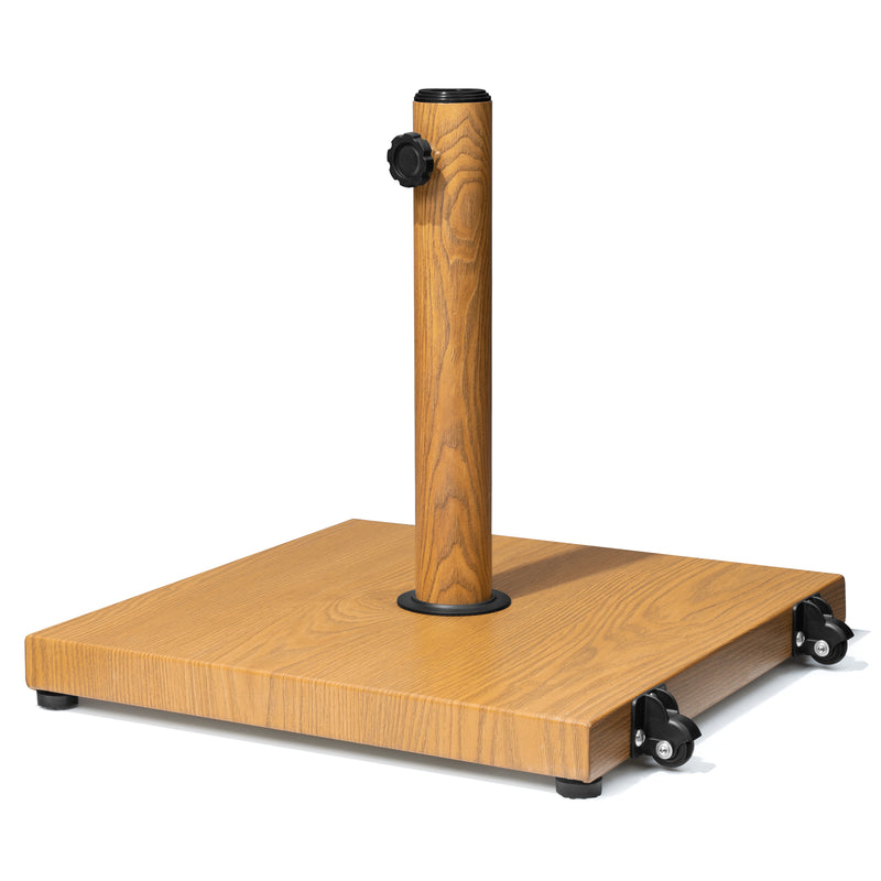 Light brown umbrella base with centered pole and four caster wheels