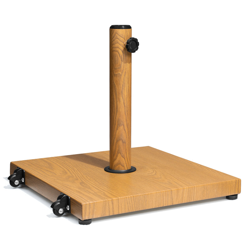 Light brown umbrella base with standing pole and corner caster wheels