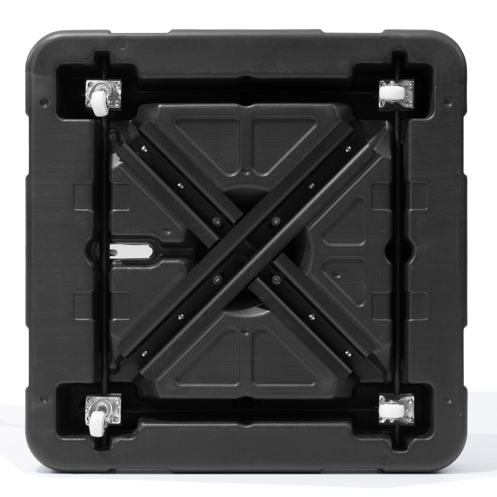 Black in-ground umbrella base with steel braces and mounting hardware, top view