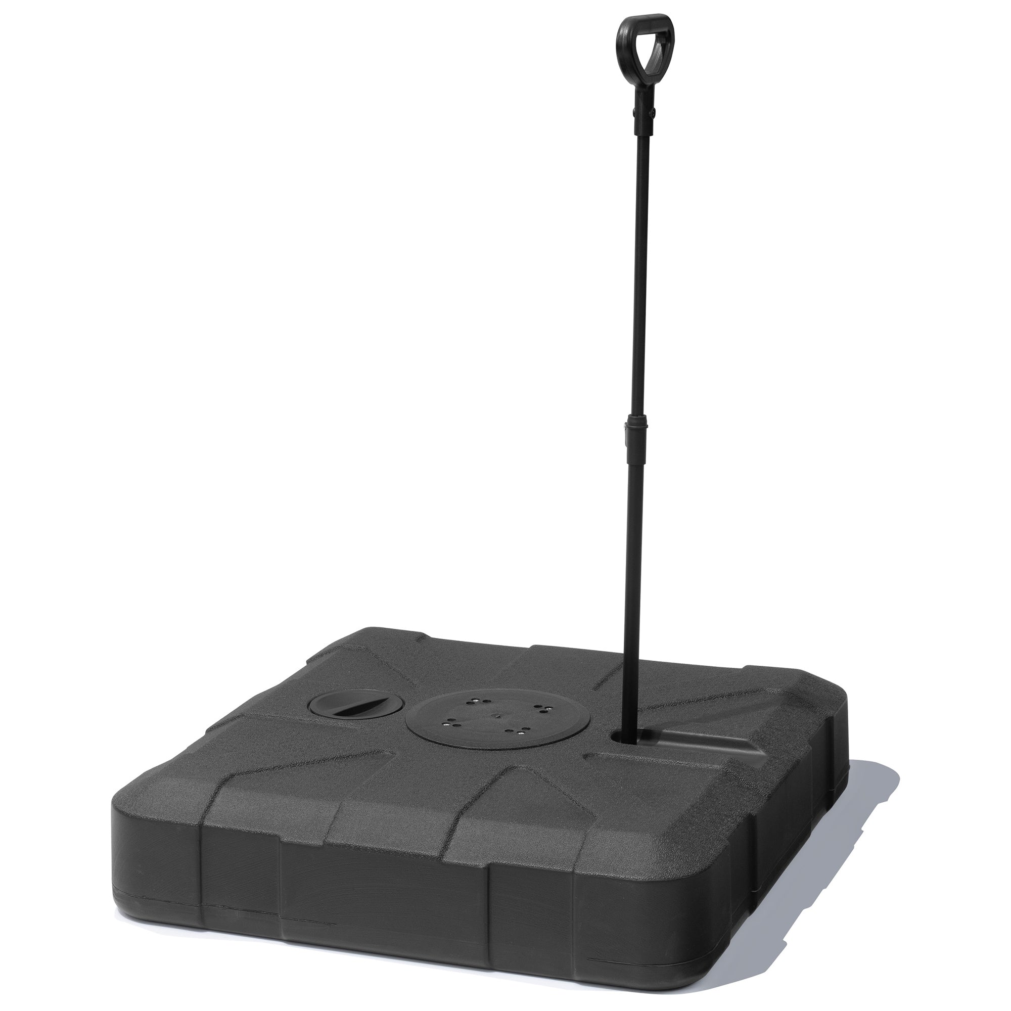 Black in-ground umbrella base with vertical umbrella pole stand, side view
