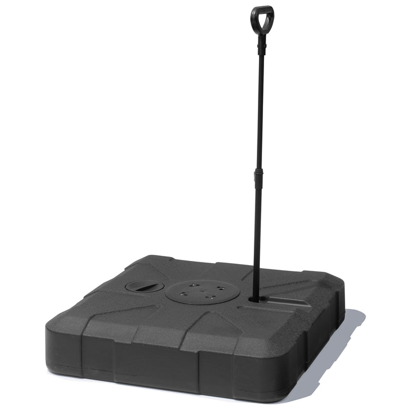 Black in-ground umbrella base with vertical umbrella pole stand, side view