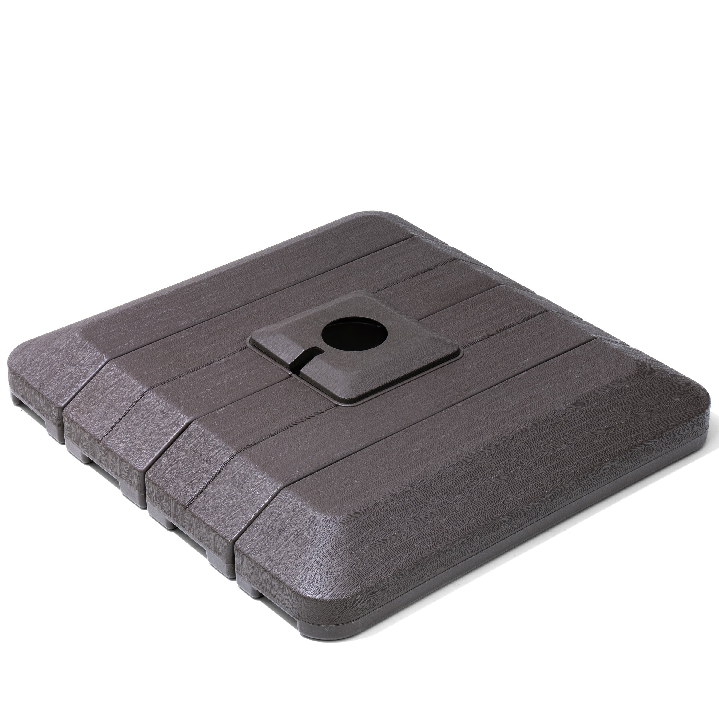 Square umbrella base cover with central fill hole and lift lever slot, dark gray