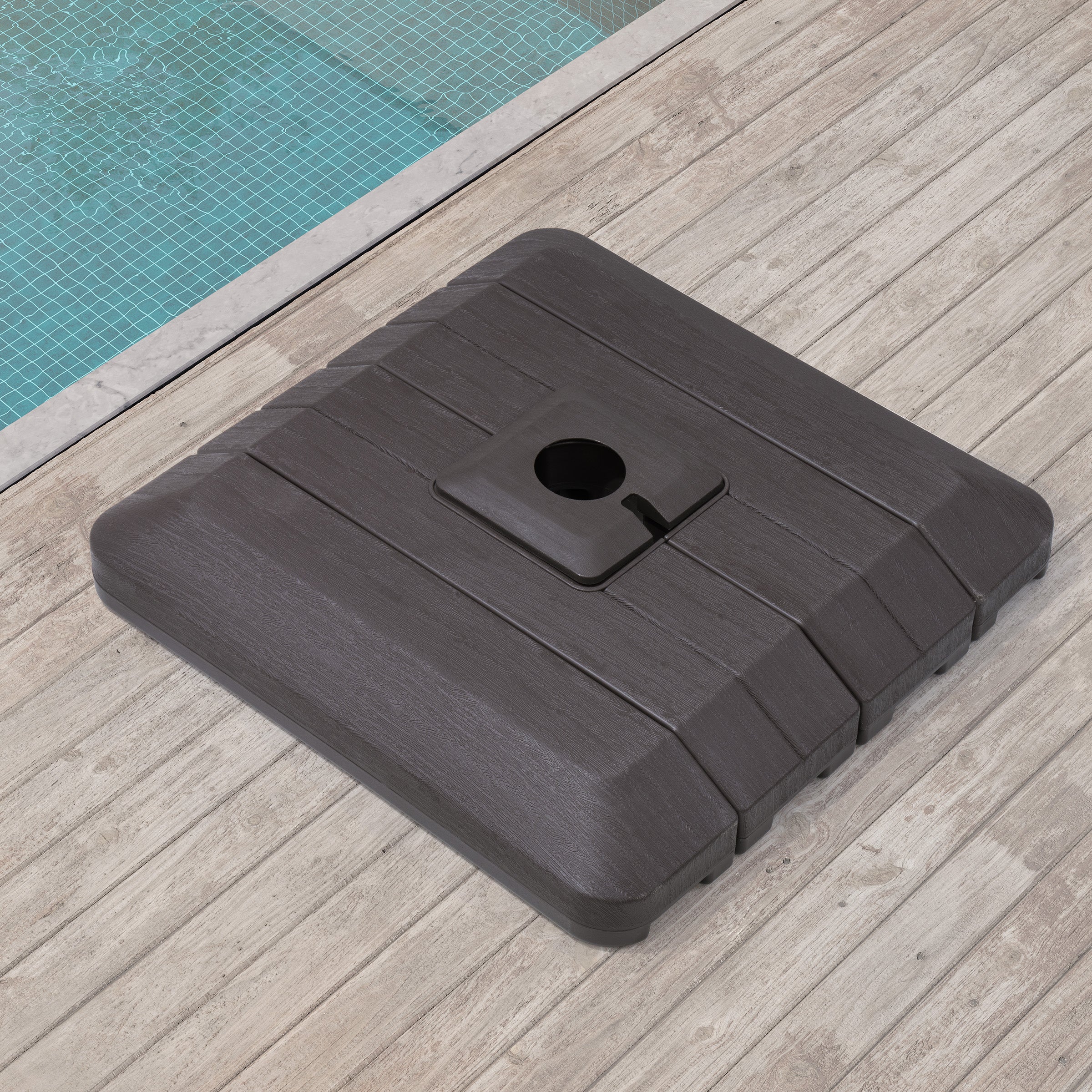 Square umbrella base with round opening and angled lever handle, dark gray