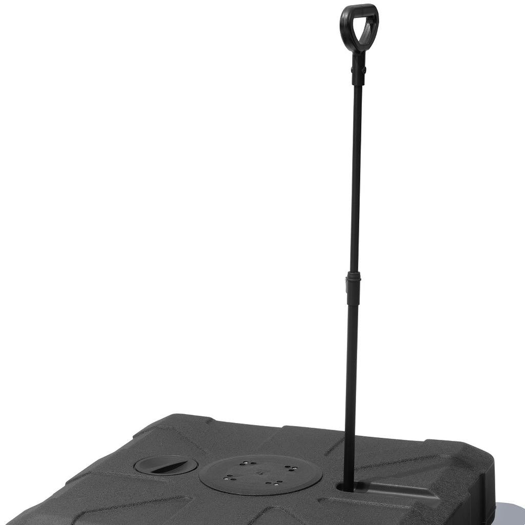 Black in-ground umbrella base with umbrella pole stand, upright view