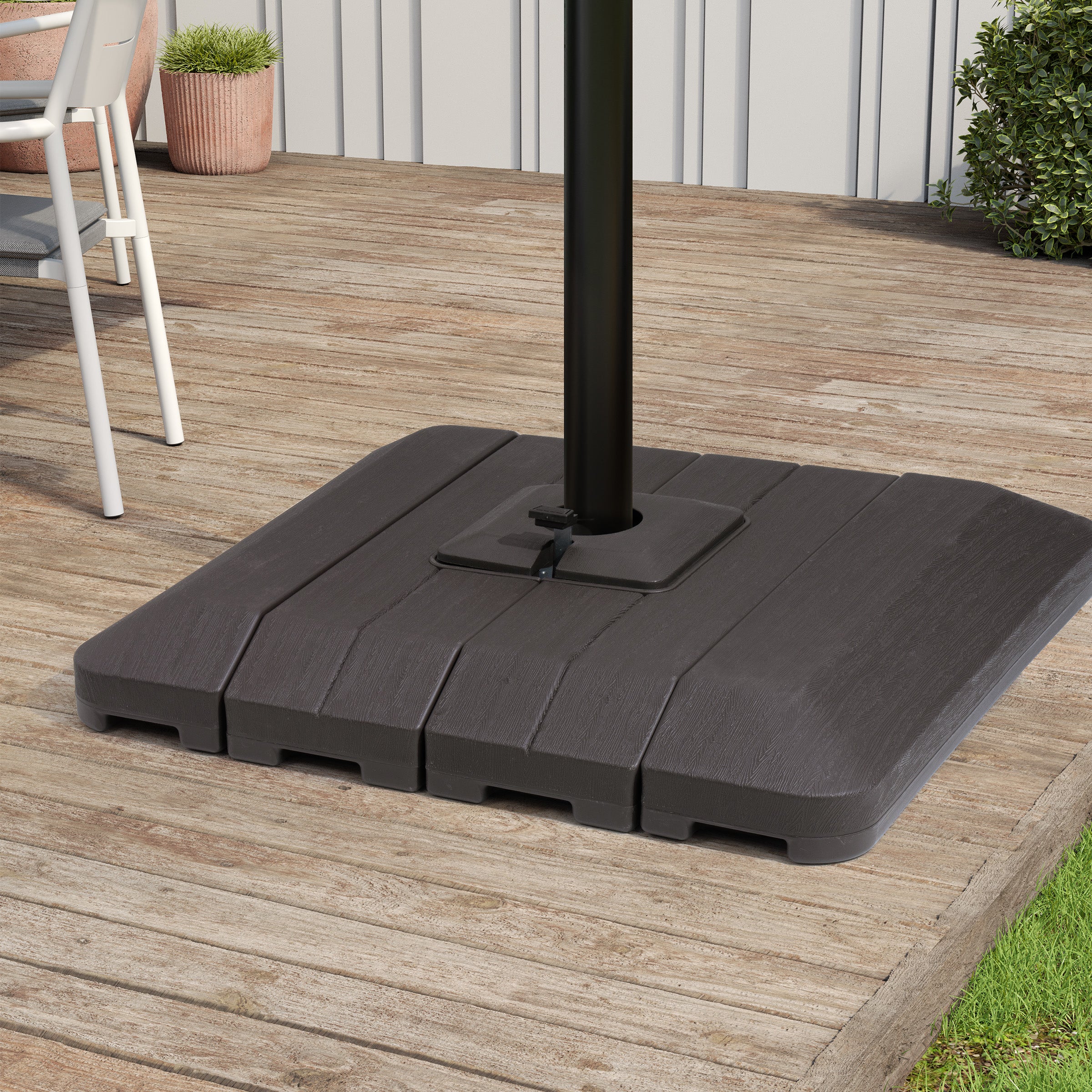 Umbrella base with central opening and steel post mount plate, dark gray