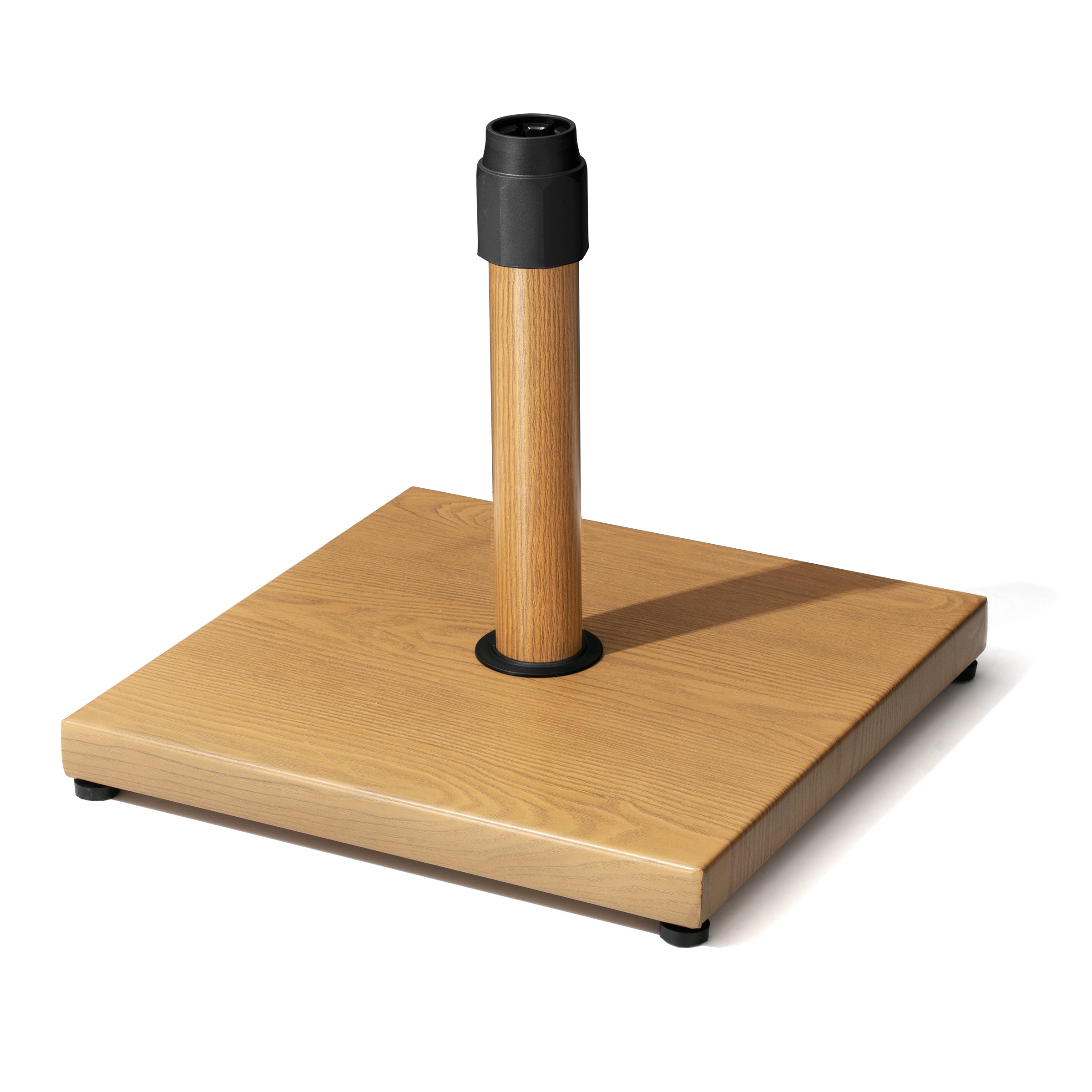 Adjustable in-ground umbrella base with light wood square plate and black post sleeve