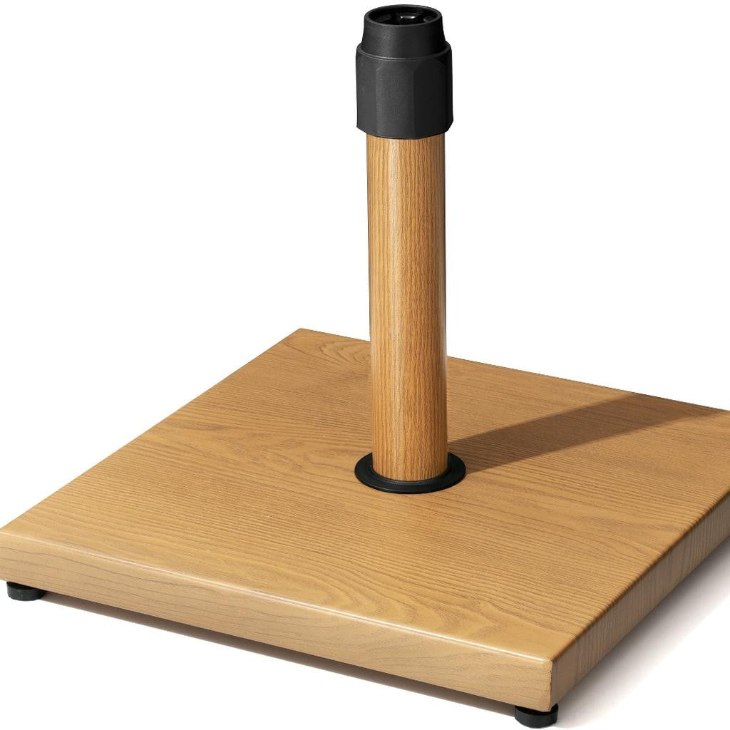 In-ground umbrella base: light wood square base with black mounting collar on pole
