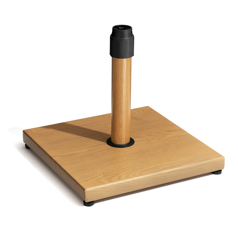 In-ground umbrella base with light wood square plate, black sleeve, and straight center pole