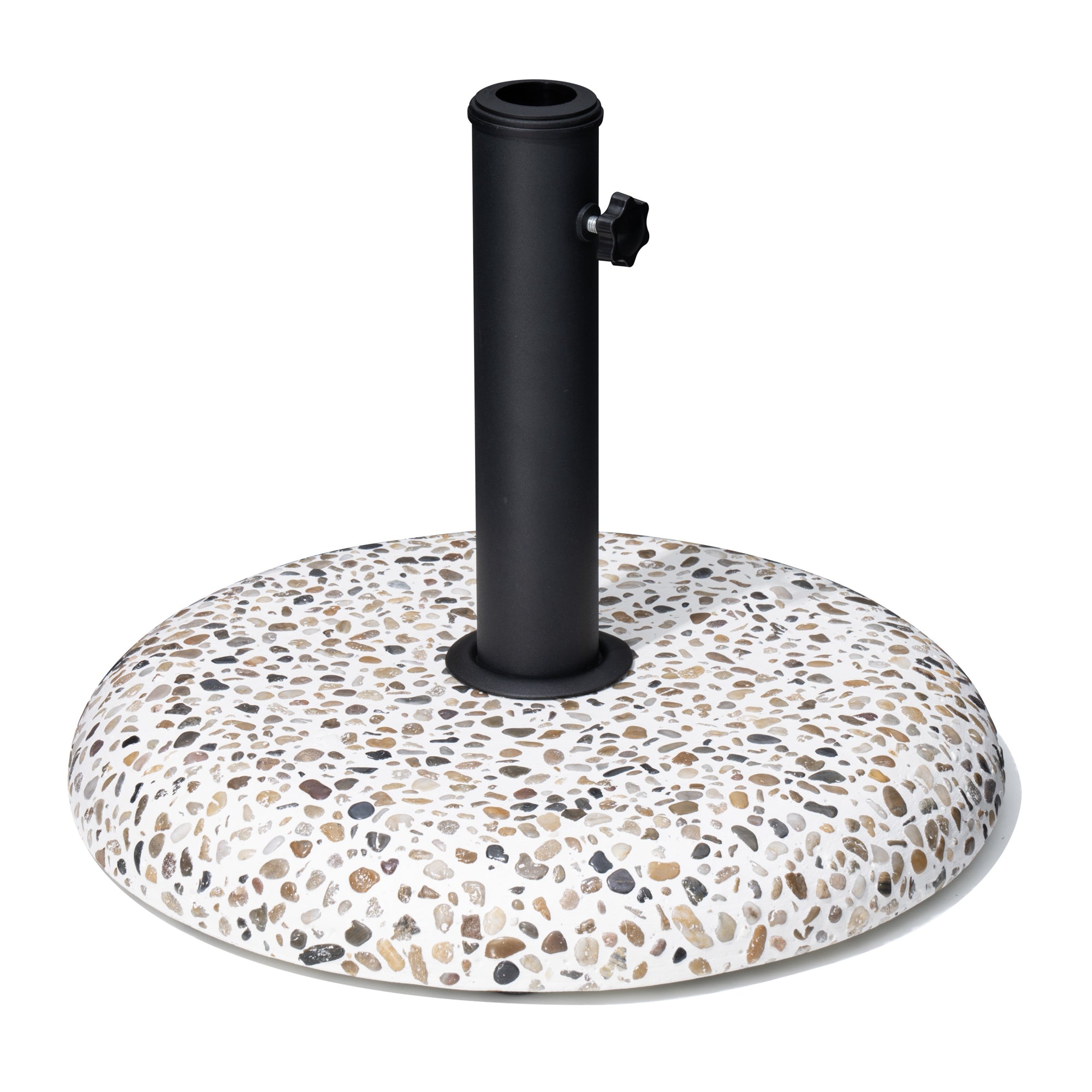 Black steel in-ground umbrella base with round speckled stone mosaic weight and clamp