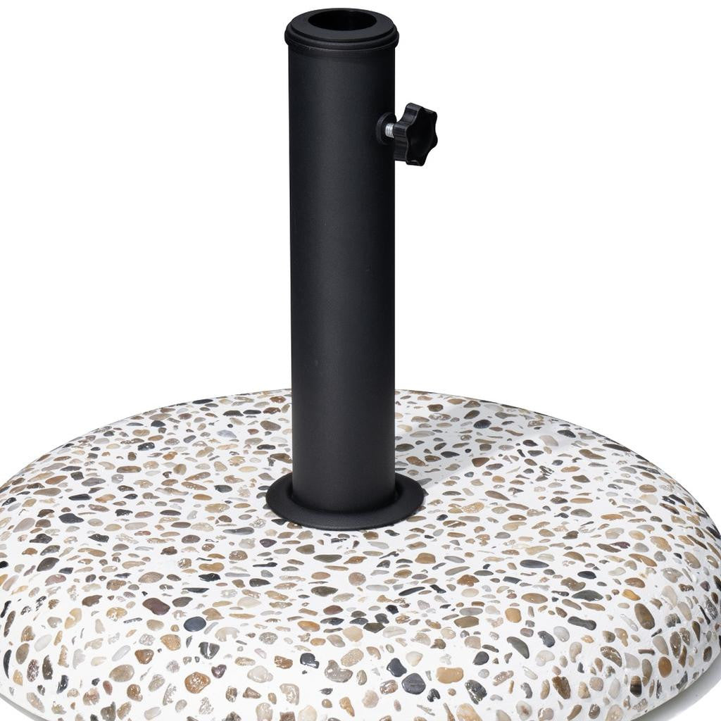 Round speckled stone mosaic umbrella base with black steel post and side adjustment knob