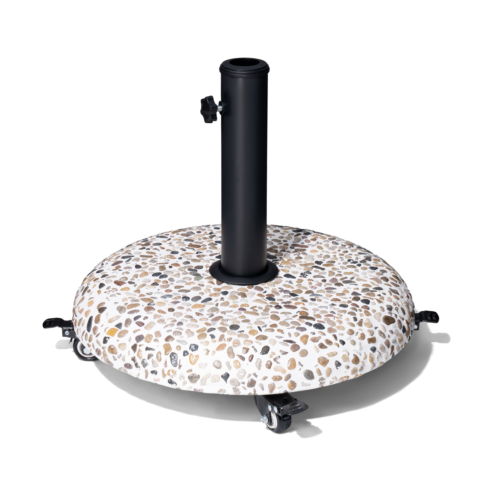 Speckled stone-pattern umbrella base with black in-ground pole and side clamps