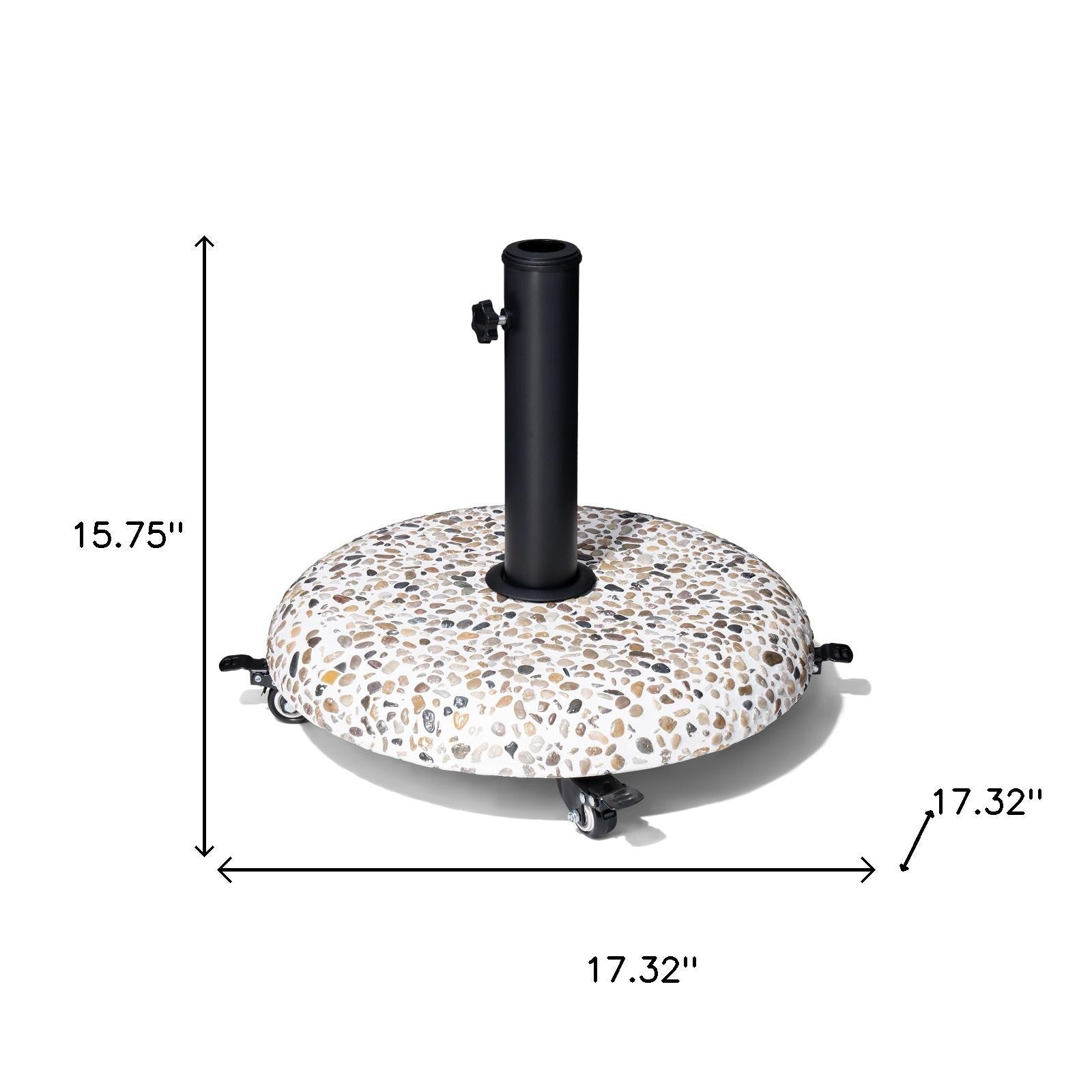 Stone-pattern umbrella base with tall black pole and side clamp hardware