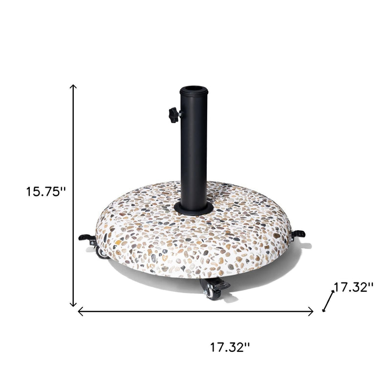 Stone-pattern umbrella base with tall black pole and side clamp hardware