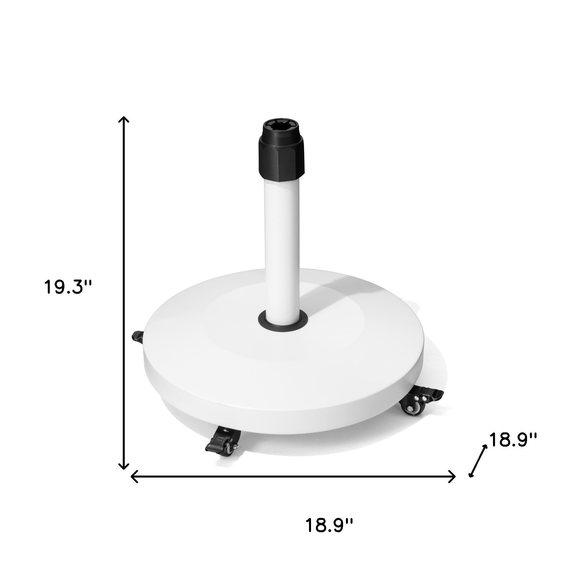 Adjustable in-ground umbrella base with white round plate, black collar and caster wheels