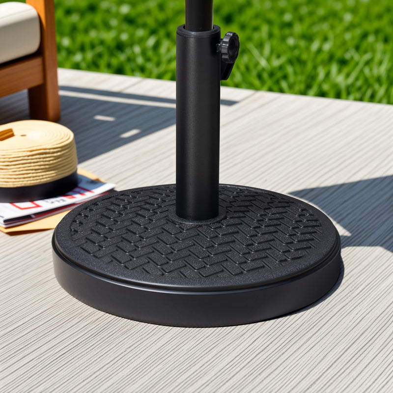 Black umbrella base on deck with textured circular base and vertical pole