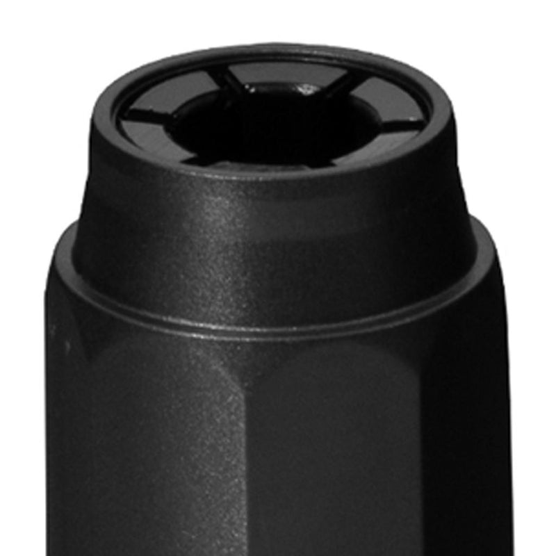 Black umbrella pole collar cap on in-ground umbrella base, close-up