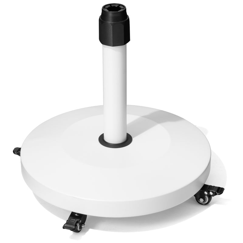 White round umbrella base with central pole mount and black collar, caster wheels