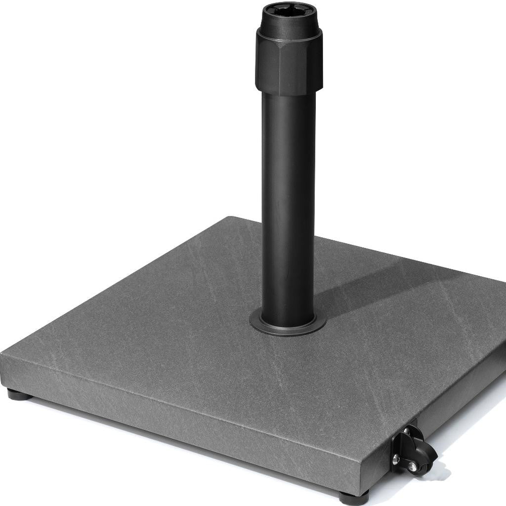 Gray umbrella base with black steel post and four caster wheels
