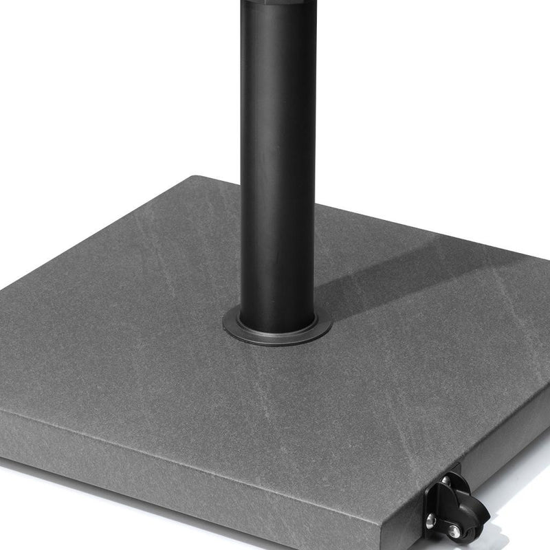 Gray umbrella base top view with black post and corner caster wheel