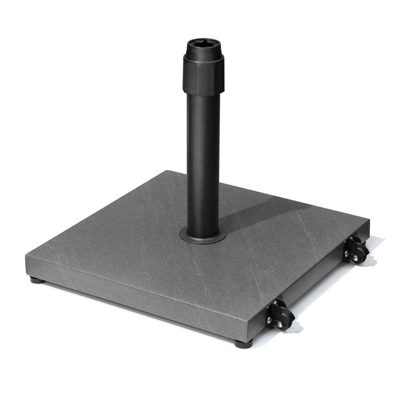 Square gray umbrella base with black vertical pole and caster wheels