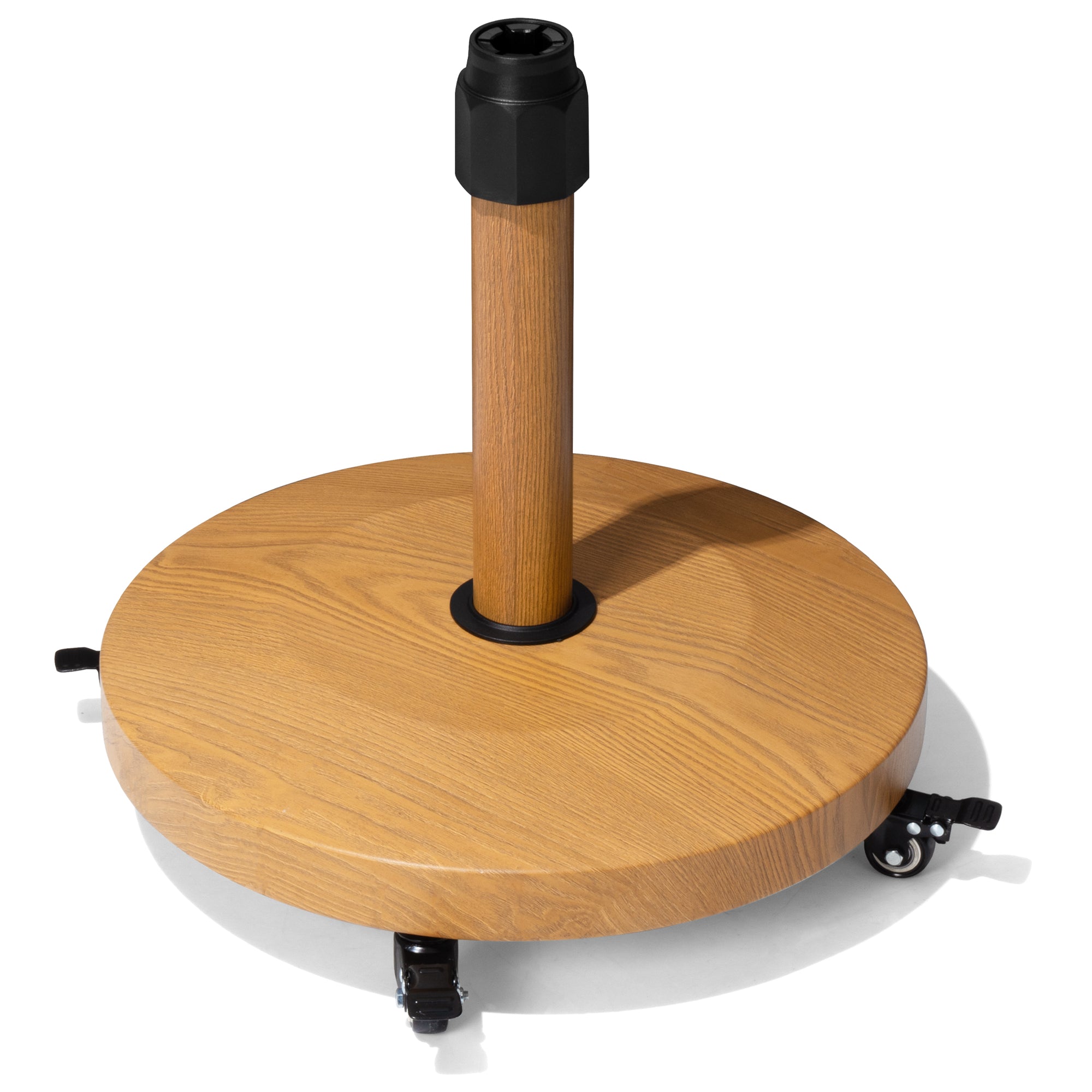 Light brown umbrella base with round wood-style plate, central post sleeve and wheels