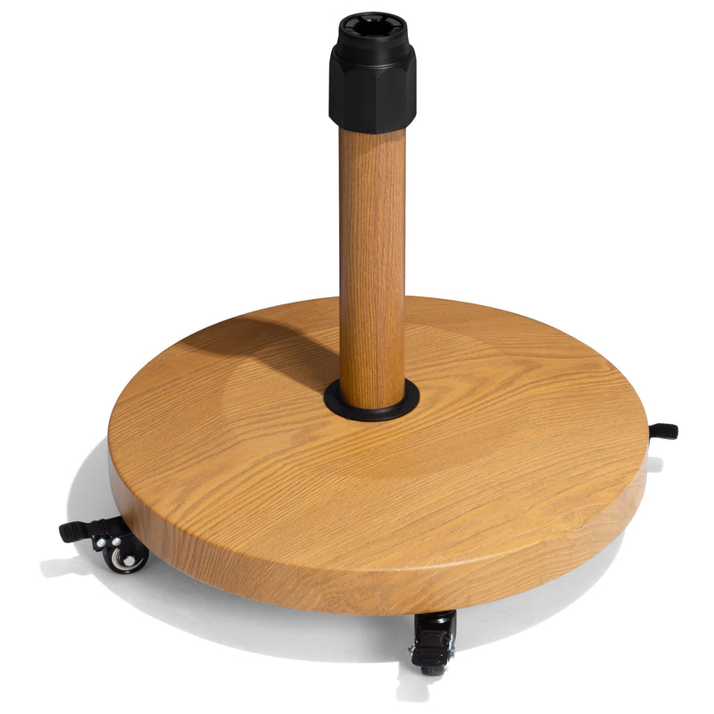 Light brown circular umbrella base with central post sleeve and four wheel casters