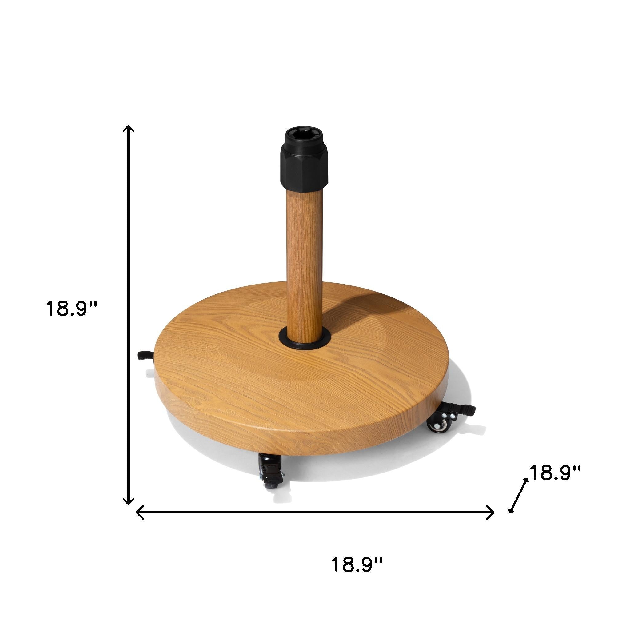 Light brown round umbrella base with central post sleeve and wheel casters