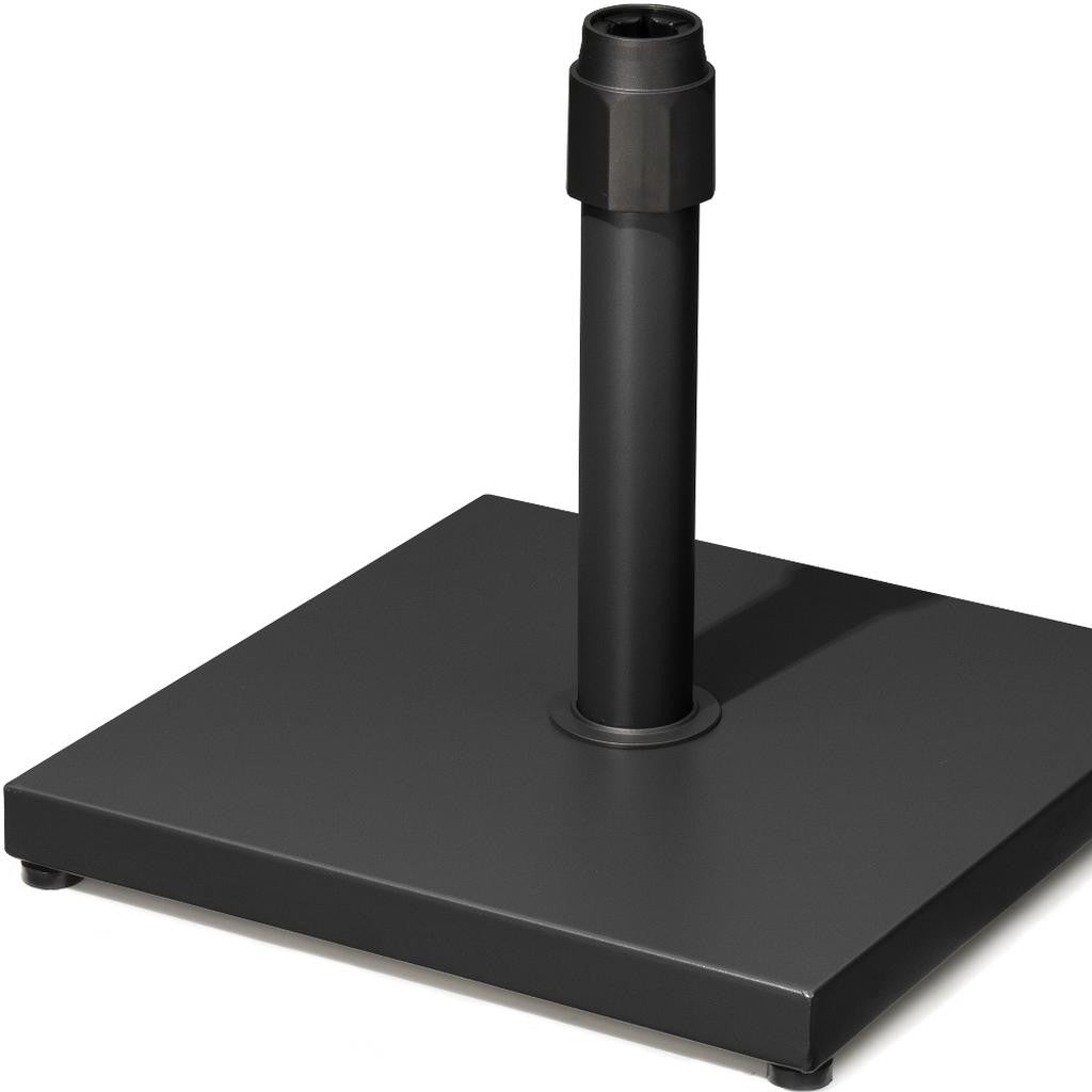 Black steel umbrella base with square plate and in-ground support tube
