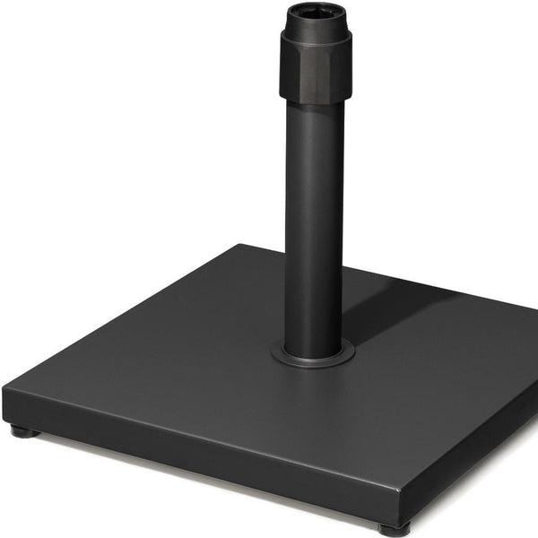 Black steel umbrella base with square plate and in-ground support tube