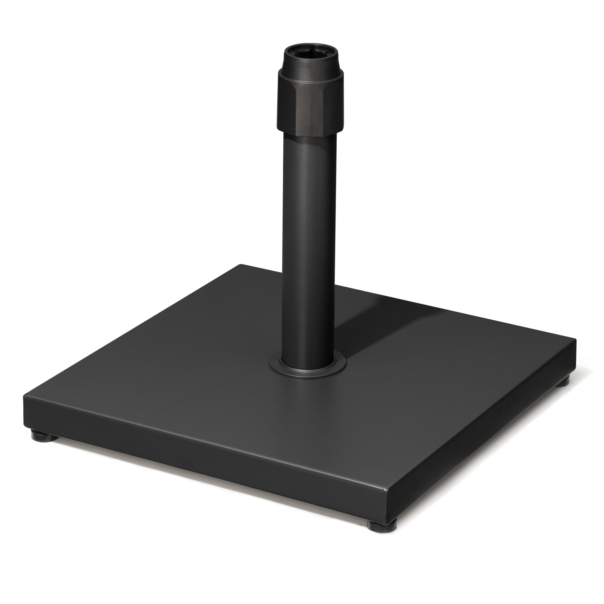 Black steel umbrella base with wide square plate and center support tube